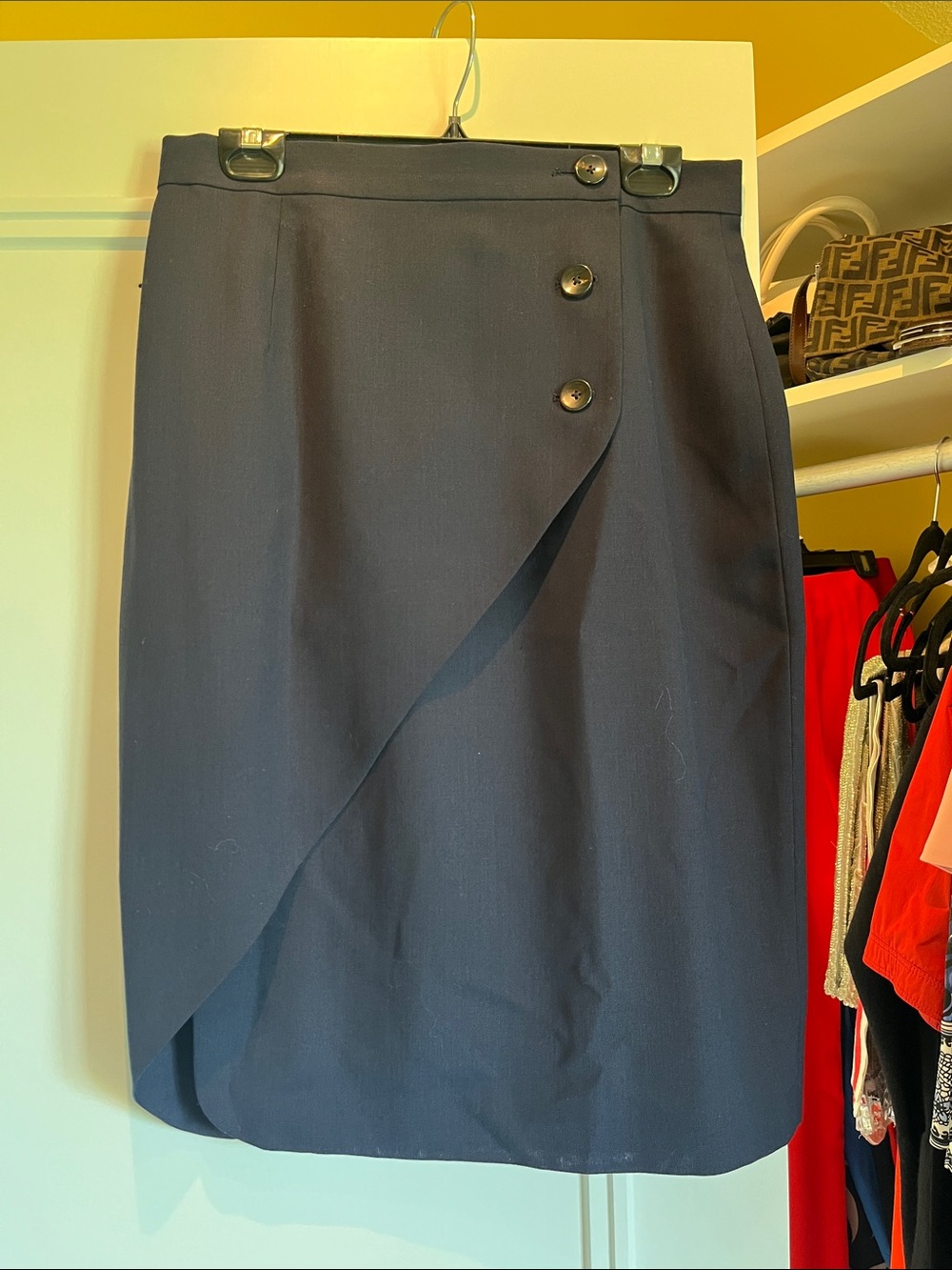 Brooks Brothers Navy Wrap Merino Wool Pencil Skirt with Button Detail Sz 10